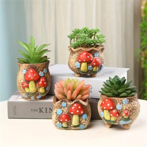 Cute Ceramic Plant Pot With Holes And Hand-Painted Rough Texture For Succulent Plants, Gardening, Home Decor Flowerpot