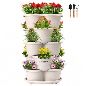 VIVOSUN 5 Tier Vertical Gardening Stackable Planter For Strawberries, Flowers, Herbs, Vegetables, Outdoor/ Indoor Garden Pots Beige