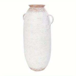 28 in. White Antique Style Metal Decorative Vase with Terracotta Accents and Handles