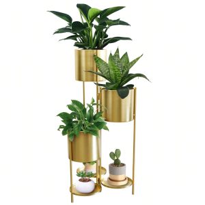 Collapsible Flowerpot Metal Plant Stand Flower Pot Stand Holder Shelf Outdoor Foldable Decorative Storage Shelf Rack For Multiple Potted Plants, Patio Garden, Living Room, Corner(Gold) Gold