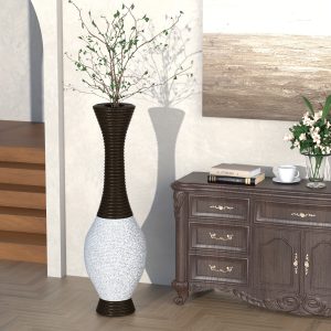 39''Tall Vase Trumpet Decorative Pvc Artificial Rattan Wire Floor Vase for Living Room, Bedroom, Entryway Brown & White