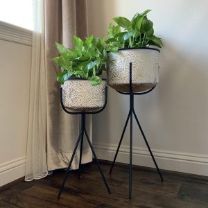 Deluxe 2-Set Galvanized Planter Pot Indoor and Outdoor Decoration-Gold Rose 3 Leg Stand