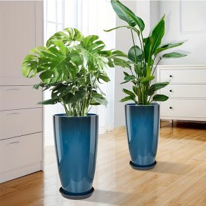 2 pack 2 Pack 21 Inch Tall White & Blue Outdoor Planters with Drainage Holes for Porch, Garden, and Home Decor